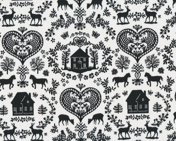 Patchworkstoff SIMPLE PLEASURES mit Häusern und Herzen, schwarz, Northcott