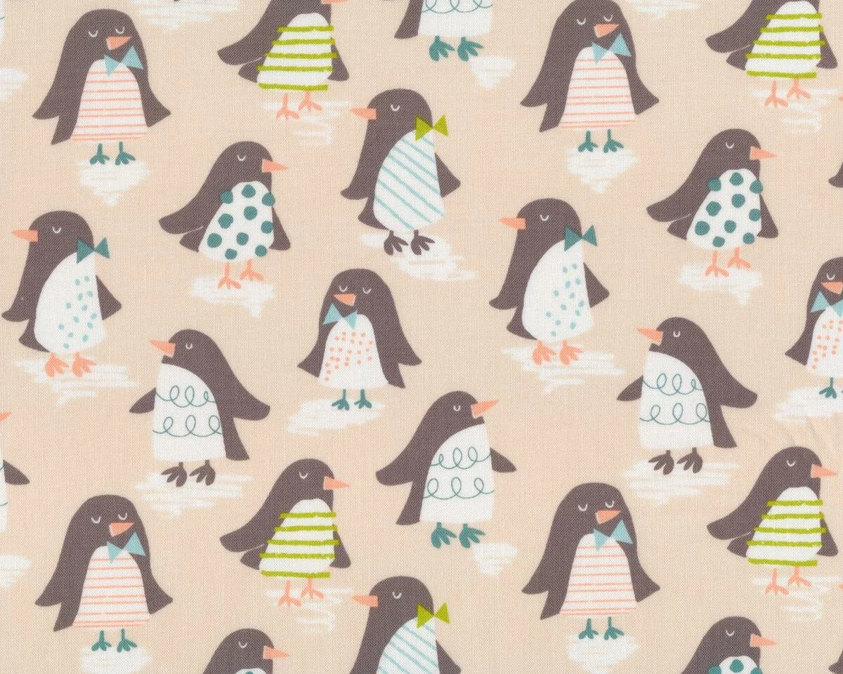 Patchworkstoff SNOW DAY, Pinguine, hellbeige-schlammbraun-petrol