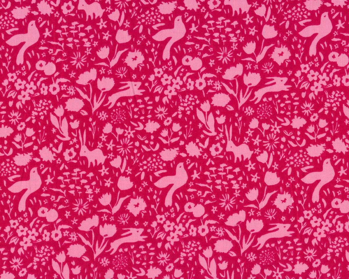 Patchworkstoff SOMMER, Häschen auf der Wiese, pastellrot-rosa