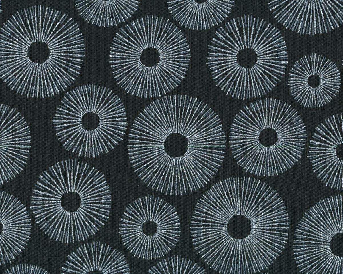 Patchworkstoff SPARKLE, Strahlenkreise, schwarz-silber metallic