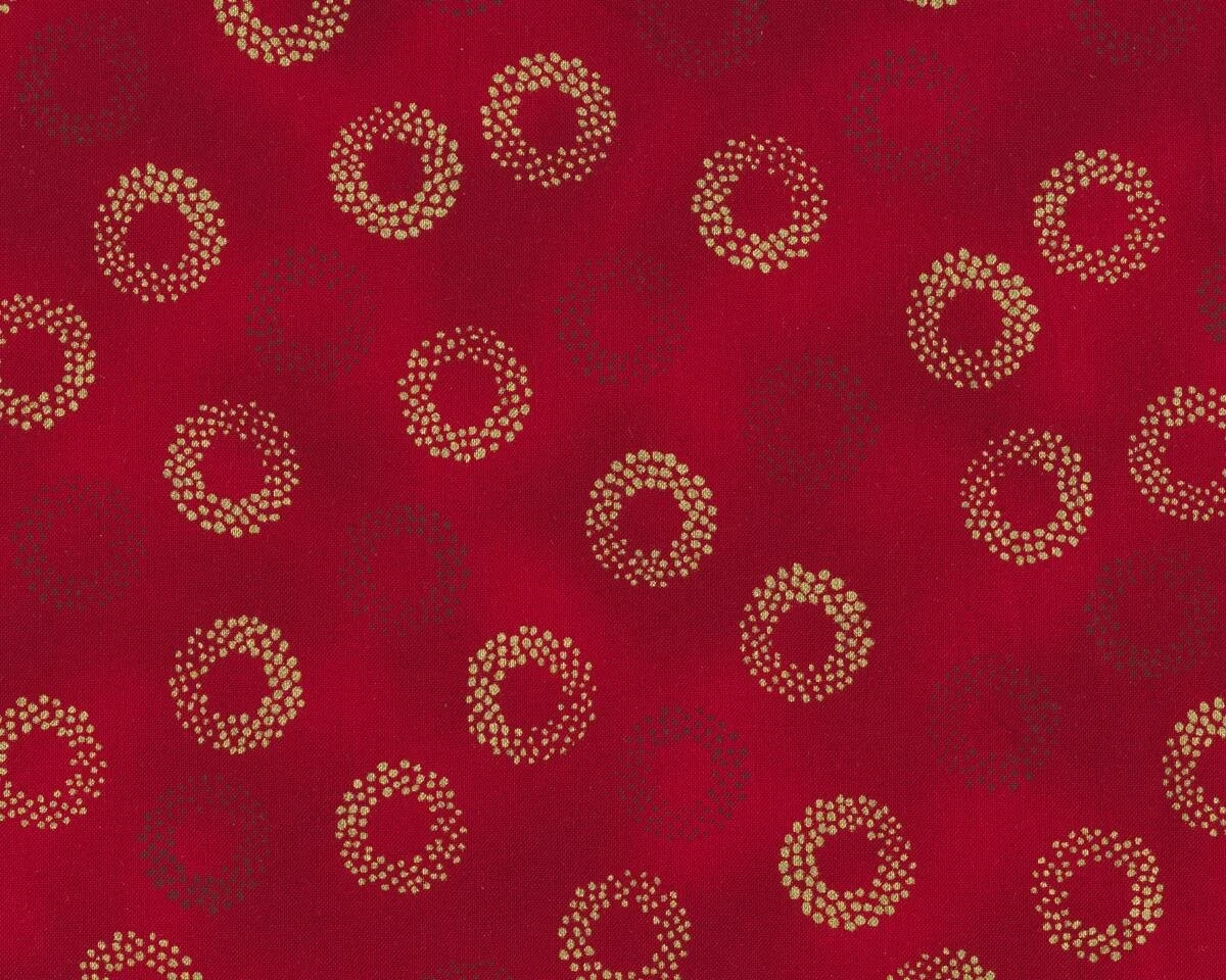 Patchworkstoff SPARKLE, Tupfen-Ringe, dunkelrot-gold metallic