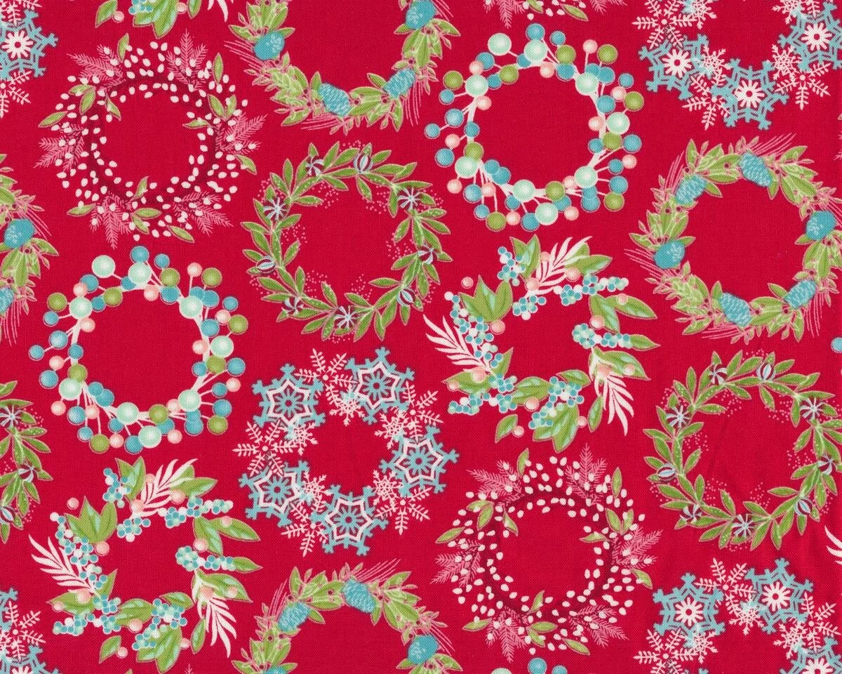 Patchworkstoff SPARKLE, Weihnachtskränze, rot-türkis