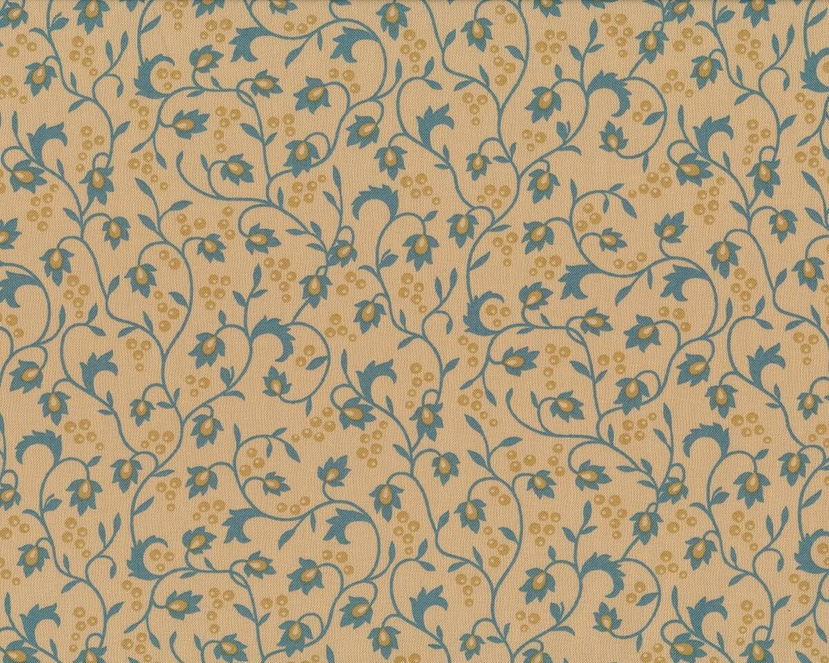 Patchworkstoff STICKS & STONES, rankende Blüten, gedecktes türkis-beige, Moda Fabrics