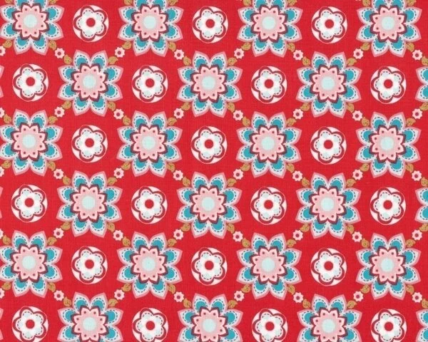 Patchworkstoff "Sugar & Spice" mit rautenförmigem Blumen-Muster, rot-türkis