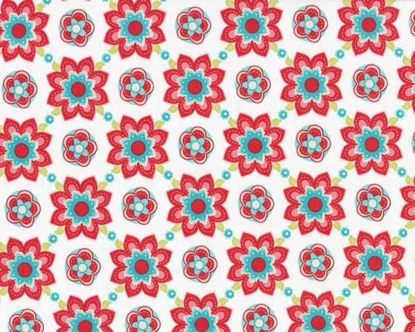 Patchworkstoff "Sugar & Spice" mit rautenförmigem Blumen-Muster, rot-weiß