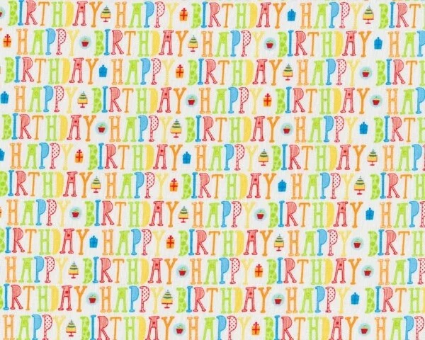 Patchworkstoff SURPRISE, Happy Birthday Schrift, orange-rot