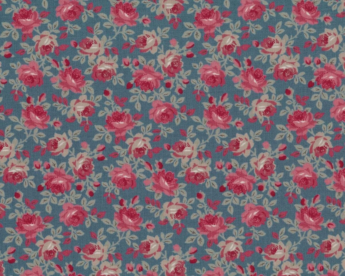 Patchworkstoff SWEET BLEND PRINTS, Hecken-Röschen, graublau-gedecktes rot, Moda Fabrics