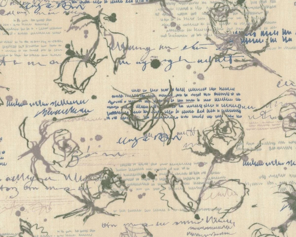 Patchworkstoff THE WORDSMITH, Rosen und Strichelschrift, helles beige-beigegrau, Moda Fabrics