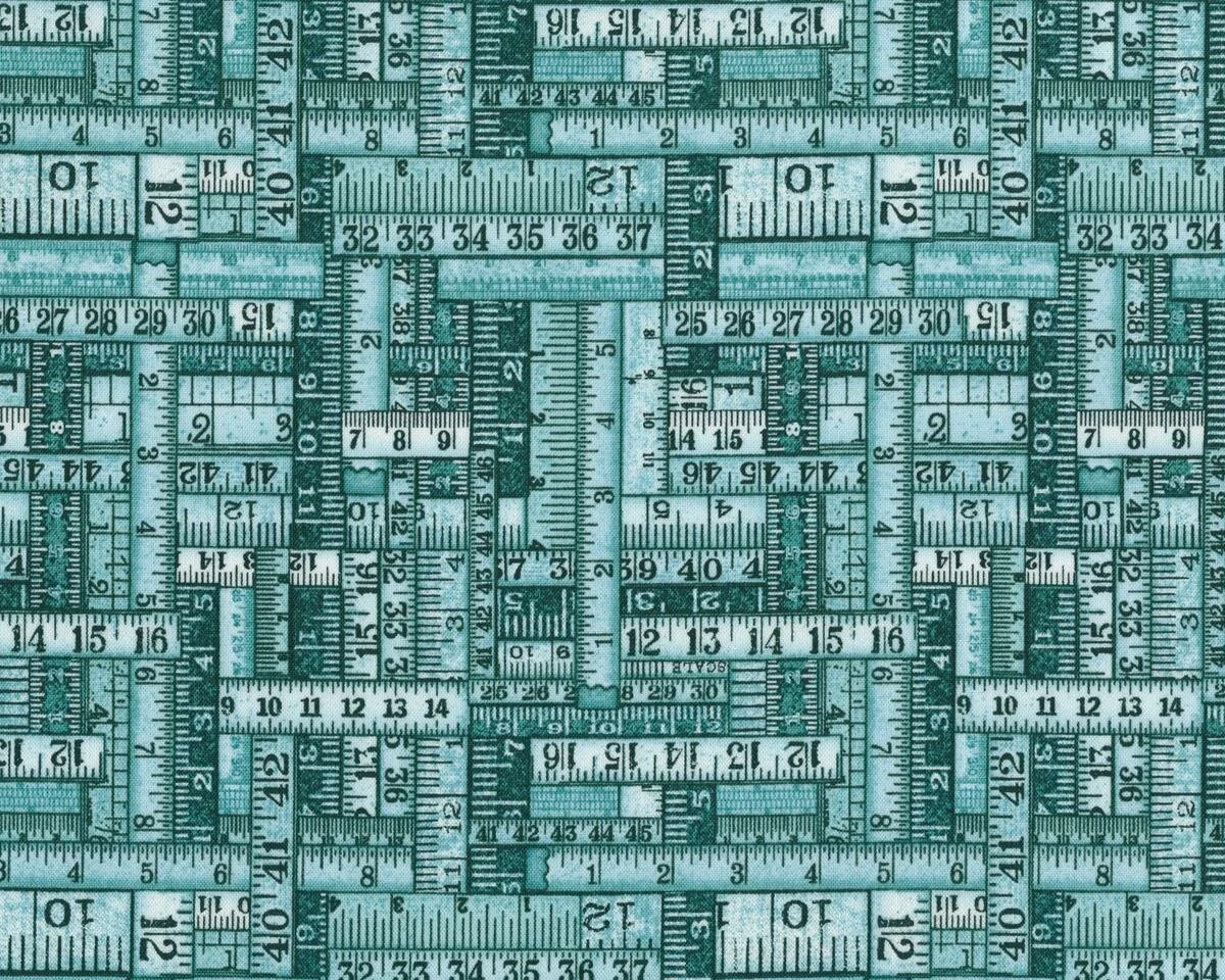 Patchworkstoff THIMBLE PLEASURE, Maßbänder, türkisgrün-mintgrün