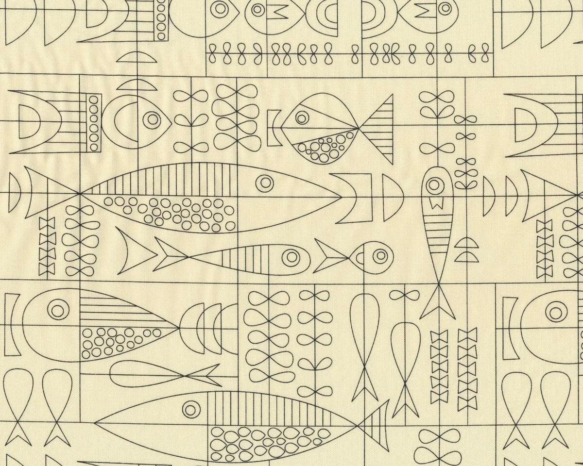 Patchworkstoff TIKI TOK, Skizzenfische, creme-schwarz, Moda Fabrics