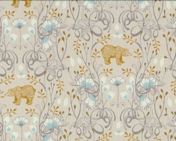 Patchworkstoff "Timber & Leaf", Bären zwischen Blumen, natur-goldbraun