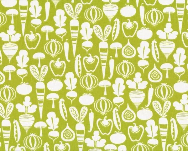 Patchworkstoff "Tiny Veggies" mit Comic-Gemüse, hellgrün-gebrochenes weiß