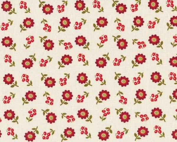 Patchworkstoff TWEET FOR TWO, Streublumen, wollweiß-rot
