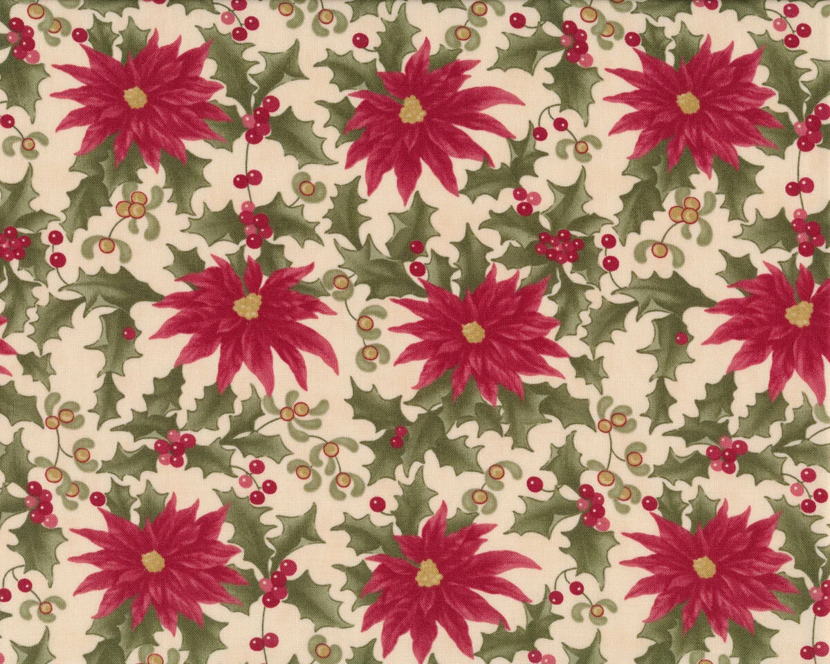 Patchworkstoff UNDER THE MISTLETOE, Weihnachtsstern und Ilex, hellbeige-dunkelrot, Moda Fabrics