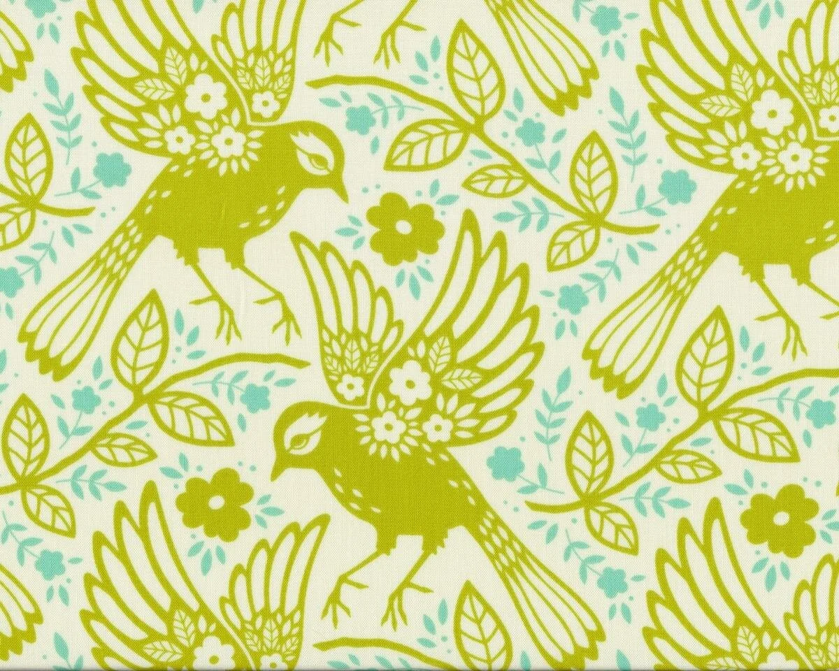 Patchworkstoff UP PARASOL, Blumen-Vögel, limette-türkis