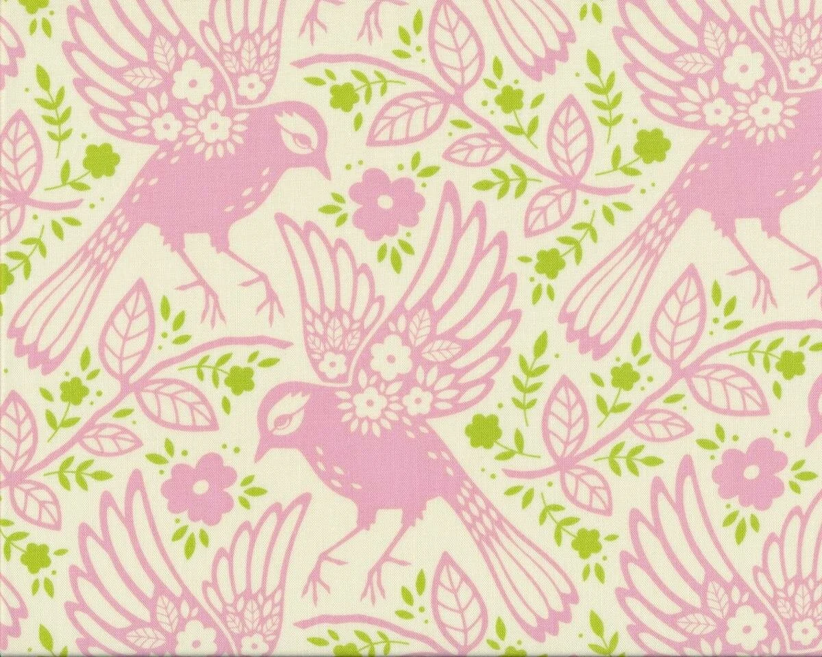 Patchworkstoff UP PARASOL, Blumen-Vögel, rosa-hellgrün