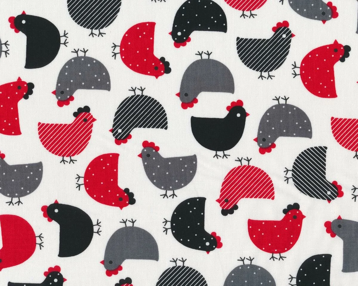 Patchworkstoff URBAN ZOOLOGIE, Hühner, weiß-schwarz-rot
