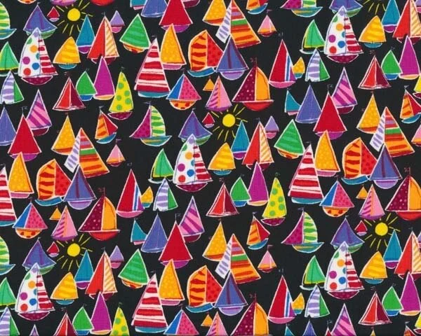 Patchworkstoff "Vacation Getaway" mit vielen kleinen Segelbooten, schwarz-orange-blau-rosa