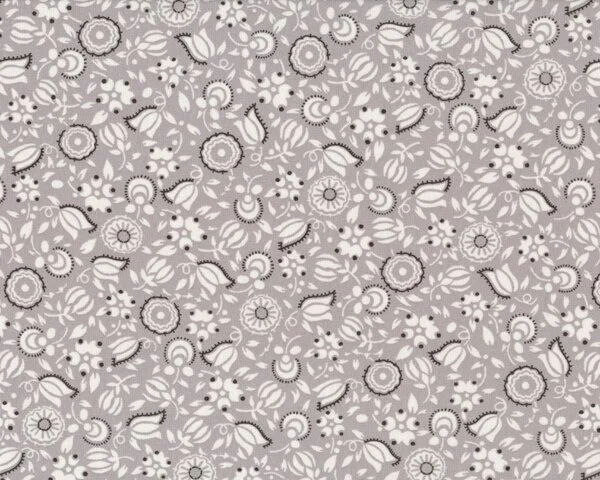 Patchworkstoff "Vintage Notions" mit Tulpen und Kreisblüten, grau