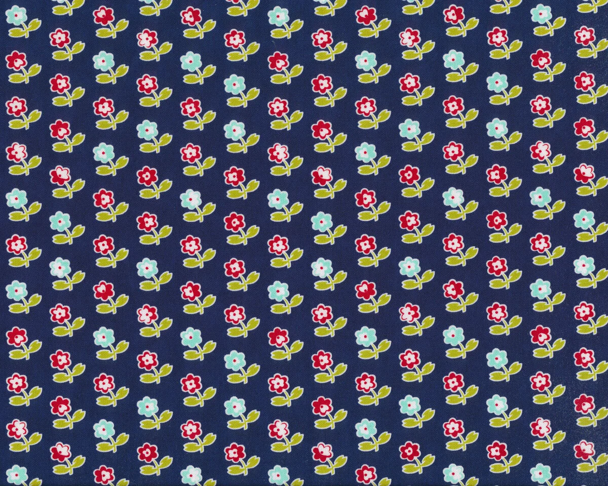 Patchworkstoff VINTAGE PICNIC, diagonale Blumen-Streifen, gedecktes dunkelblau-rot, Moda Fabrics