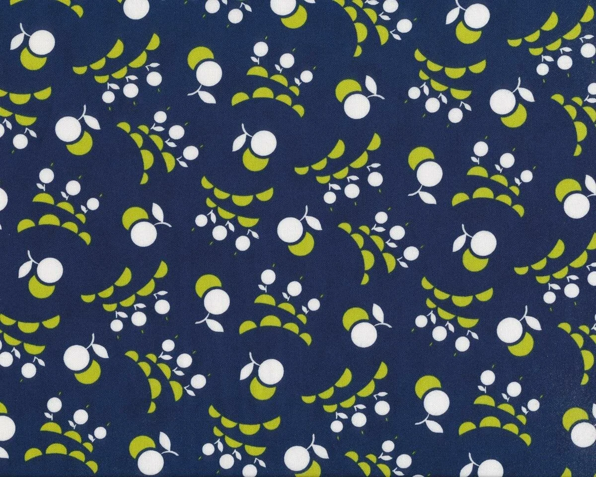 Patchworkstoff VINTAGE PICNIC, Halbkreisbögen und Kugel-Kirschen, gedecktes dunkelblau-limette, Moda Fabrics
