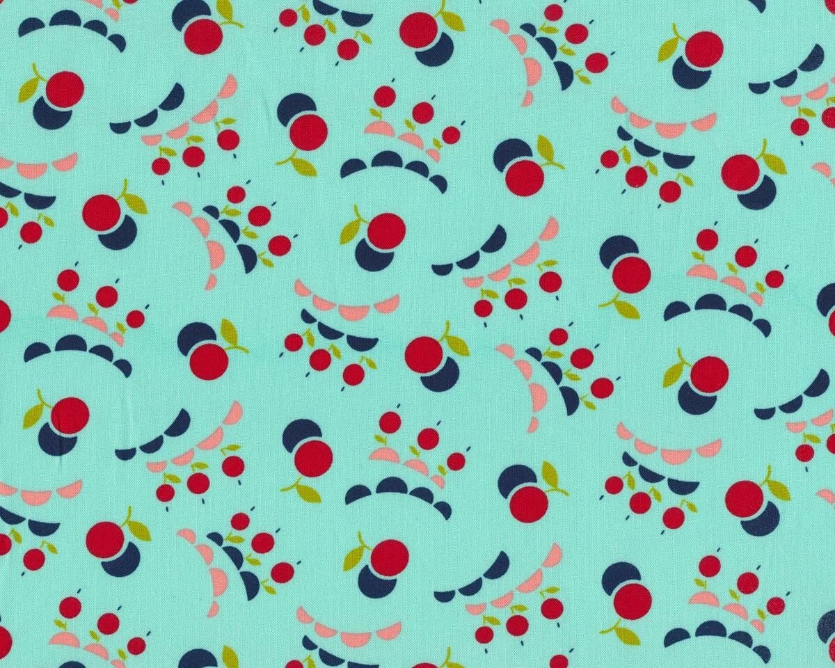 Patchworkstoff VINTAGE PICNIC, Halbkreisbögen und Kugel-Kirschen, mintgrün-rot, Moda Fabrics