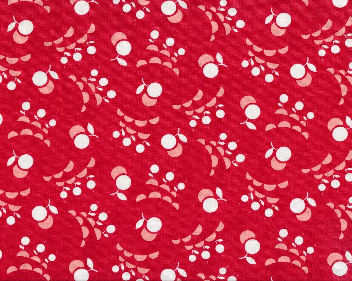 Patchworkstoff VINTAGE PICNIC, Halbkreisbögen und Kugel-Kirschen, rot-helles lachsrot, Moda Fabrics