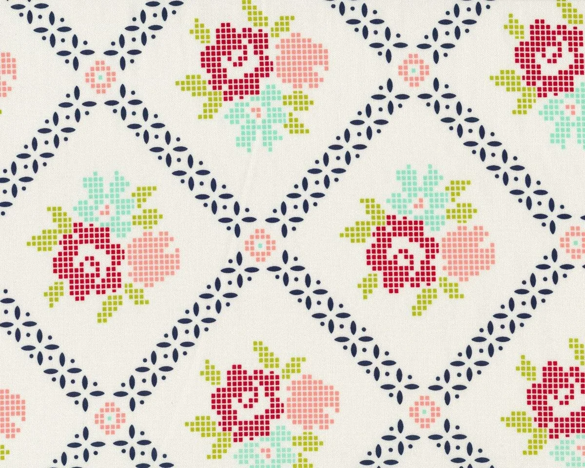 Patchworkstoff VINTAGE PICNIC, Raster-Blumen im Rautengitter, wollweiß-marineblau, Moda Fabrics