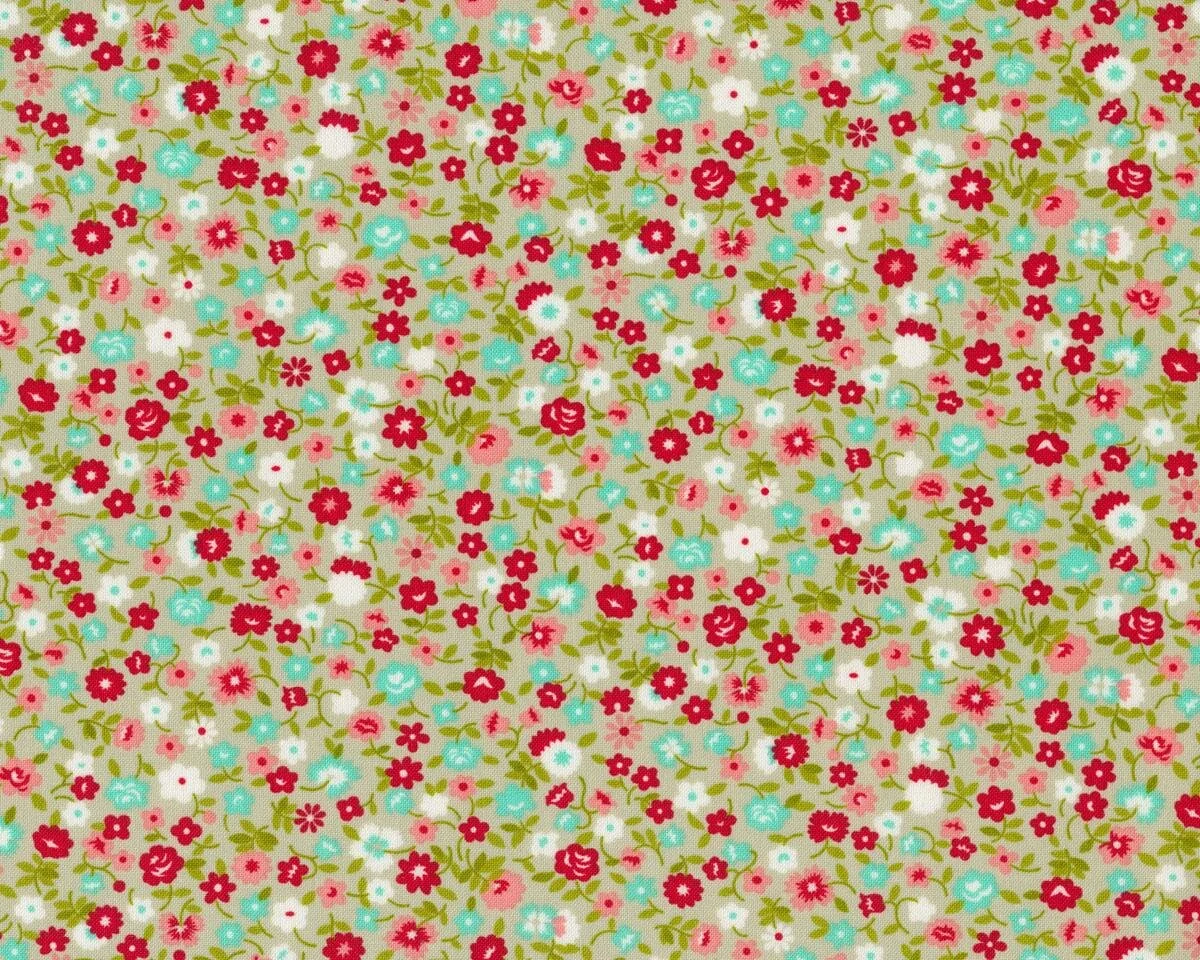Patchworkstoff VINTAGE PICNIC, Streublümchen, helles schilfgrün-rot, Moda Fabrics