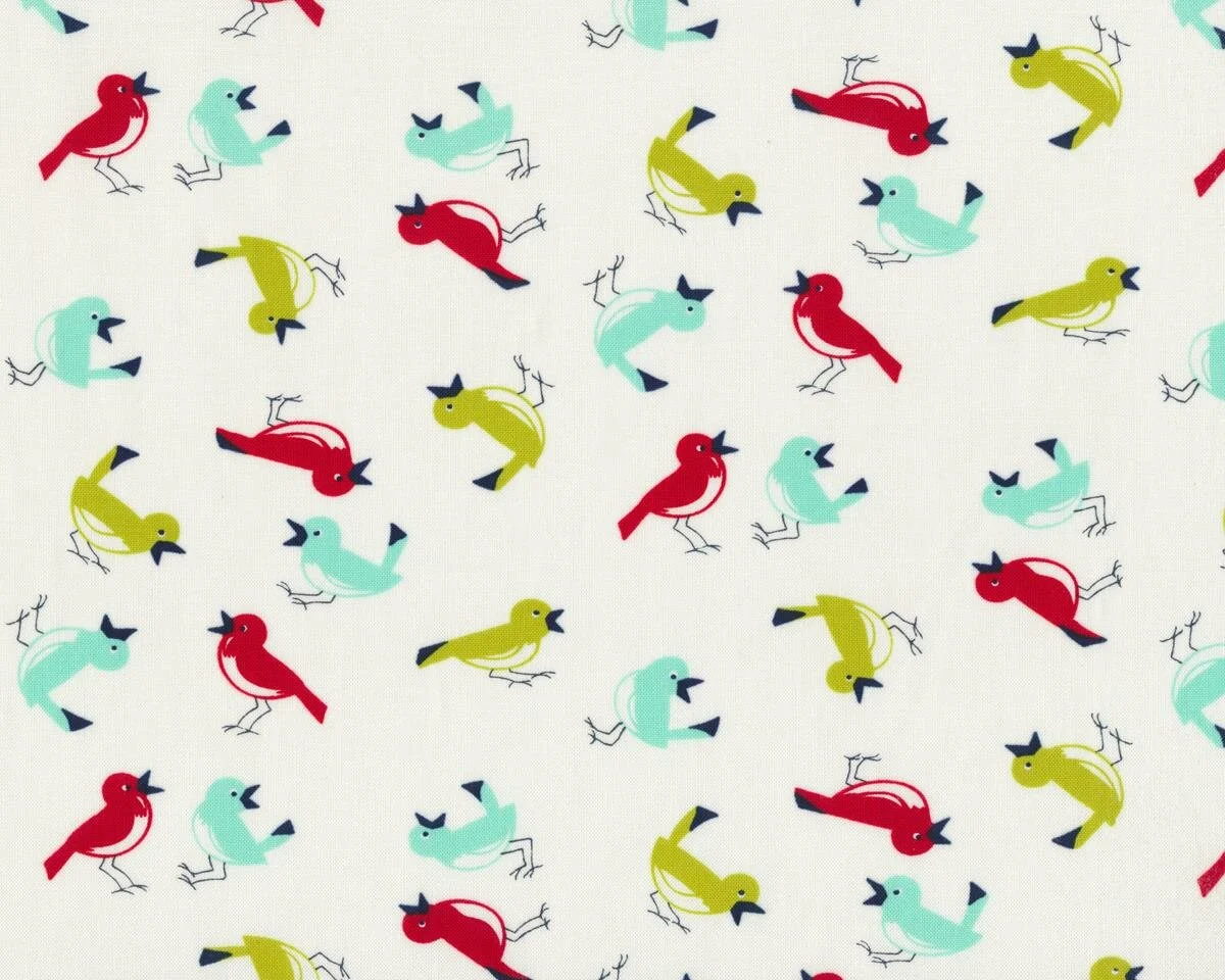 Patchworkstoff VINTAGE PICNIC, zwitschernde Vögel, wollweiß-rot-limette, Moda Fabrics