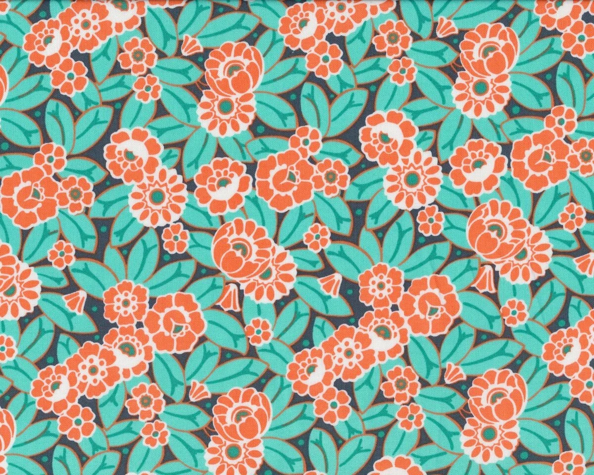 Patchworkstoff VIOLETTE CAMELLIA, Blüten-Blattwerk, aprikot-jadegrün