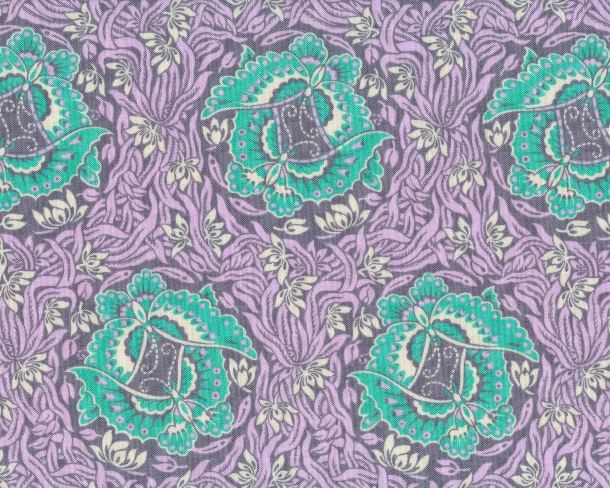 Patchworkstoff VIOLETTE TAKE FLIGHT, Schmetterlings-Blüten, jadegrün-lavendel
