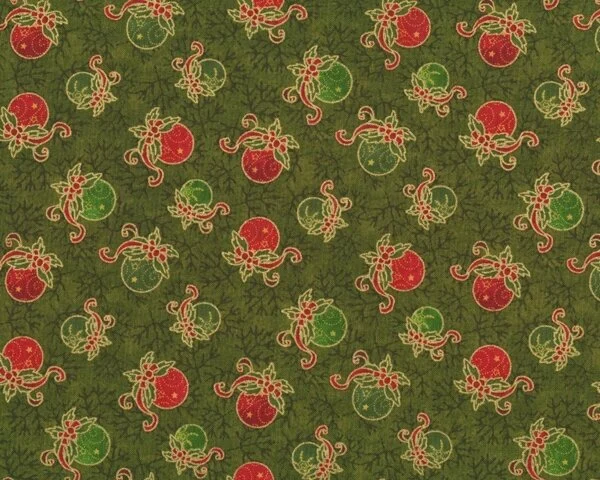 Patchworkstoff "Weihnachtsklassiker" mit Weihnachtskugeln, moosgrün-rot-gold