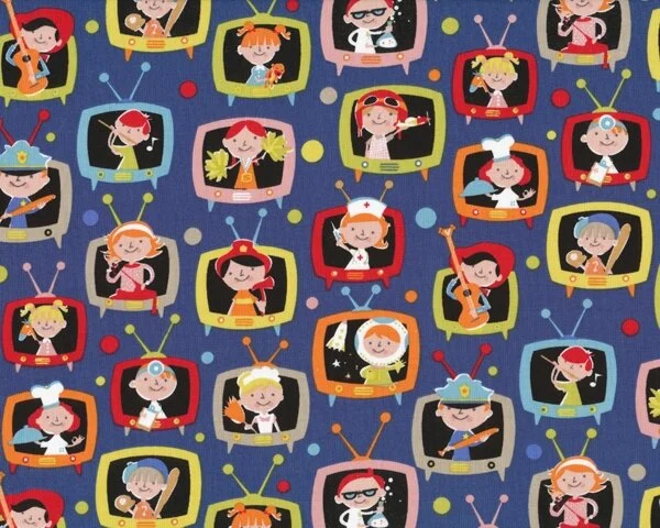 Patchworkstoff "When I Grow Up" mit Fernsehfiguren aus den 60er'n, blau-limette-rot
