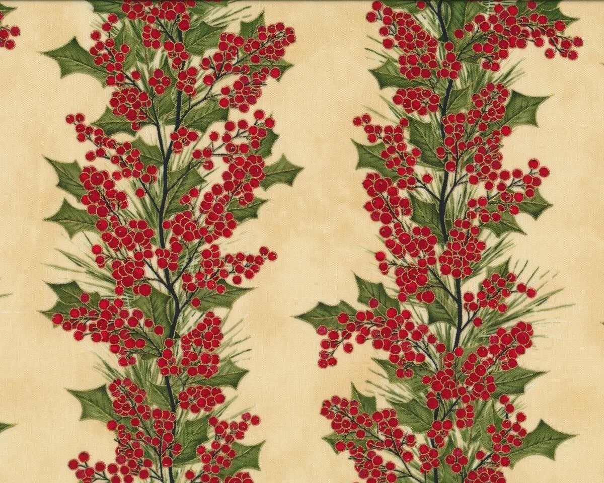 Patchworkstoff WINTER BERRIES, Ilex-Ranken, rot-beige-gold metallic