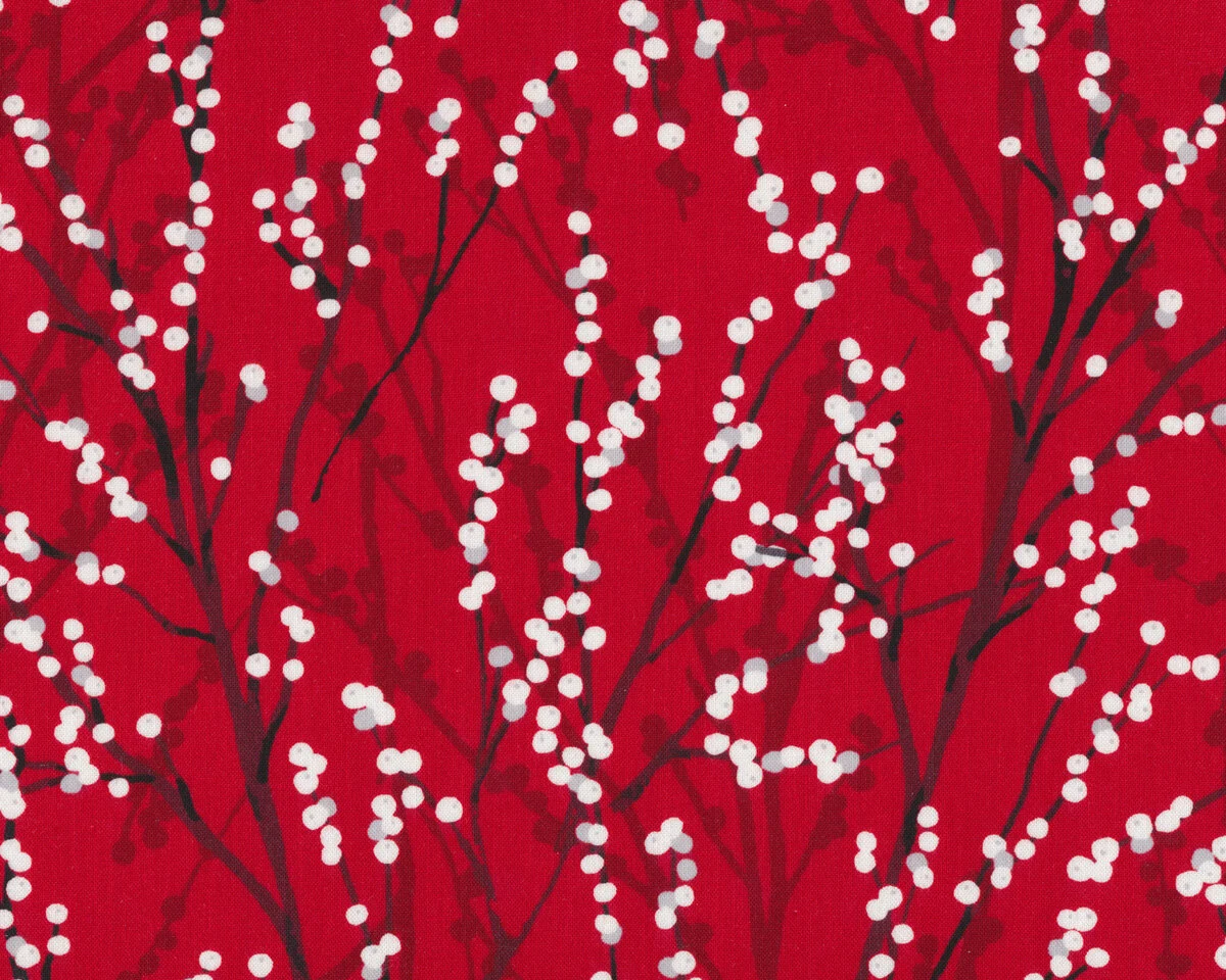 Patchworkstoff WINTER STORY, Beeren-Zweige, rot-weiß