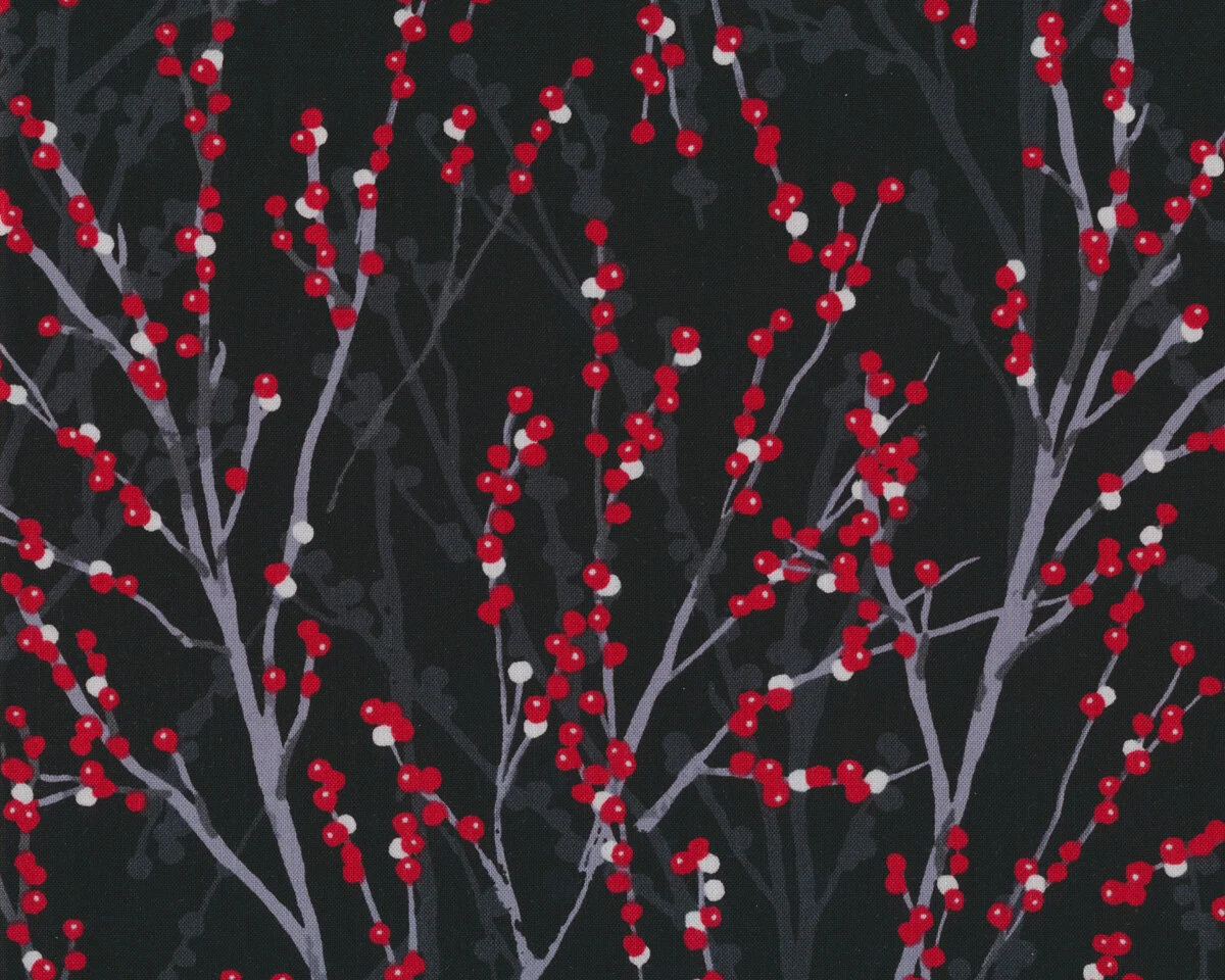 Patchworkstoff WINTER STORY, Beeren-Zweige, schwarz-rot