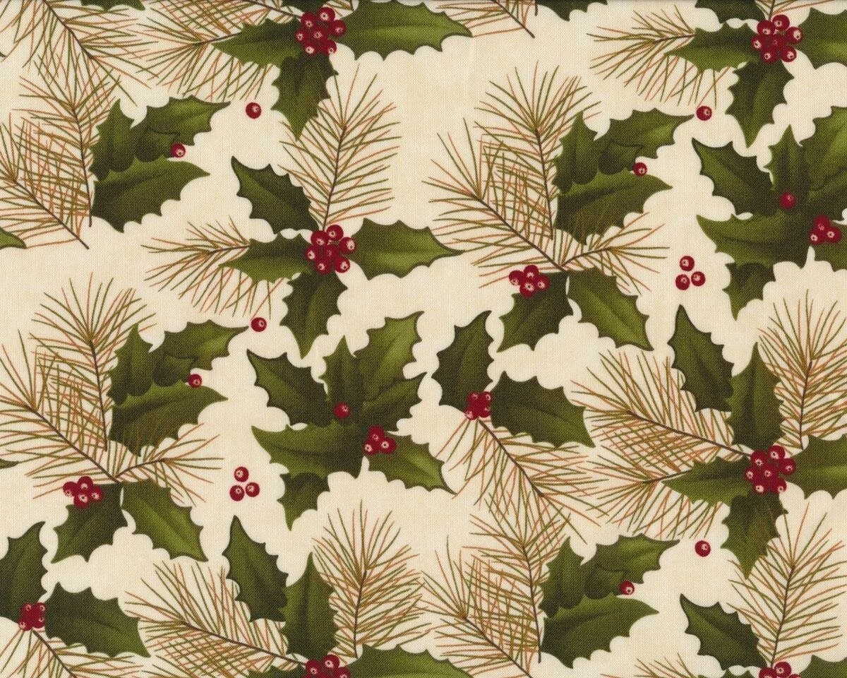 Patchworkstoff WINTER'S SONG, Ilex und Tannenzweige, hellbeige-olive, Moda Fabrics