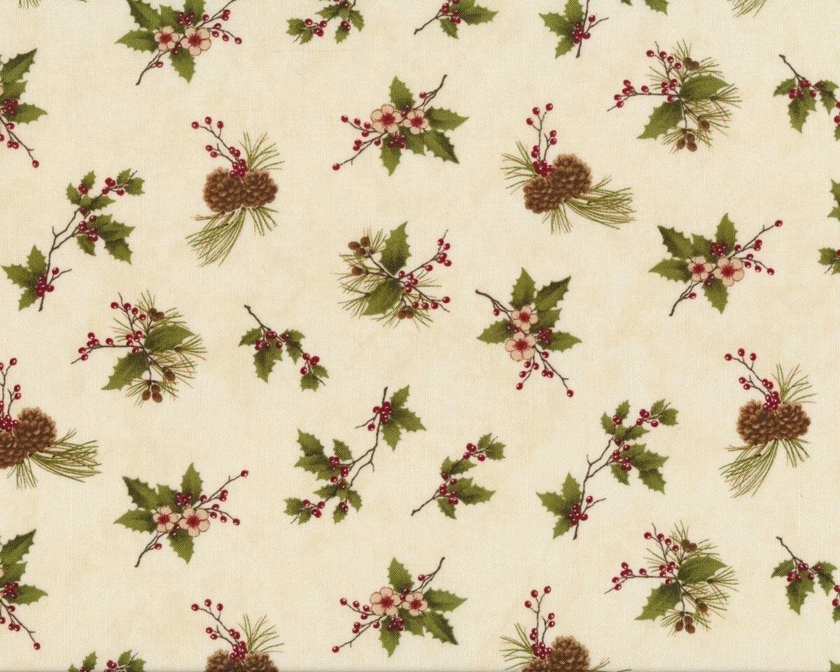 Patchworkstoff WINTER'S SONG, Zapfen-Sträußchen, hellbeige-olive, Moda Fabrics