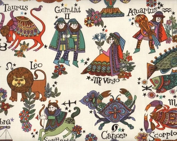 Patchworkstoff ZODIAC, Tierkreiszeichen, dunkles mintgrün-aprikot