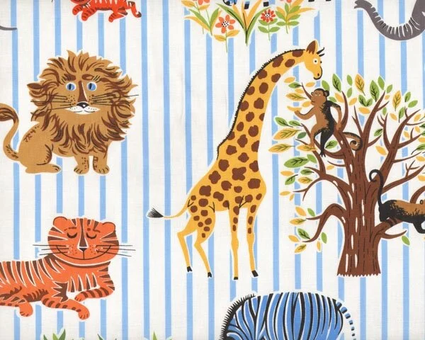 Patchworkstoff "Zoologie" mit Elefant, Giraffe, Tiger und co., hellbraun-orange-hellblau-weiß
