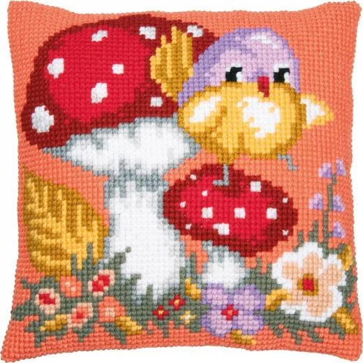 Vervaco - Kreuzstichkissen Vogel auf Pilz