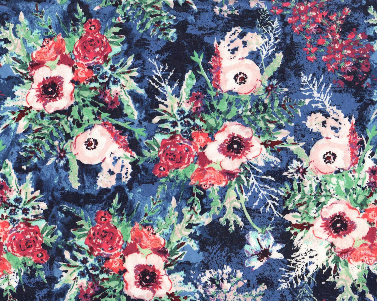 Popeline-Patchworkstoff AQUARELLE, Wildrosen, blau, Katarina Roccella