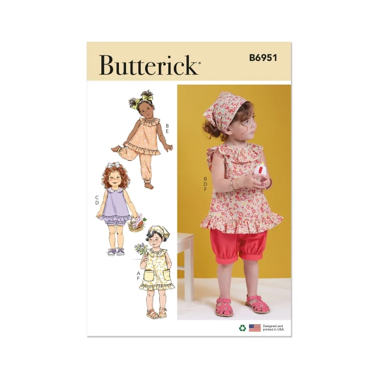 Schnittmuster Butterick 6951 Kleinkinder Oberteil, Kleid und Shorts, Gr. 1/2 - 4 Jahre