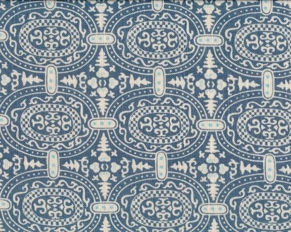 Schwerer Viskose-Leinen-Stoff "Alchemy" mit ovalen Ornamenten, blaugrau-natur