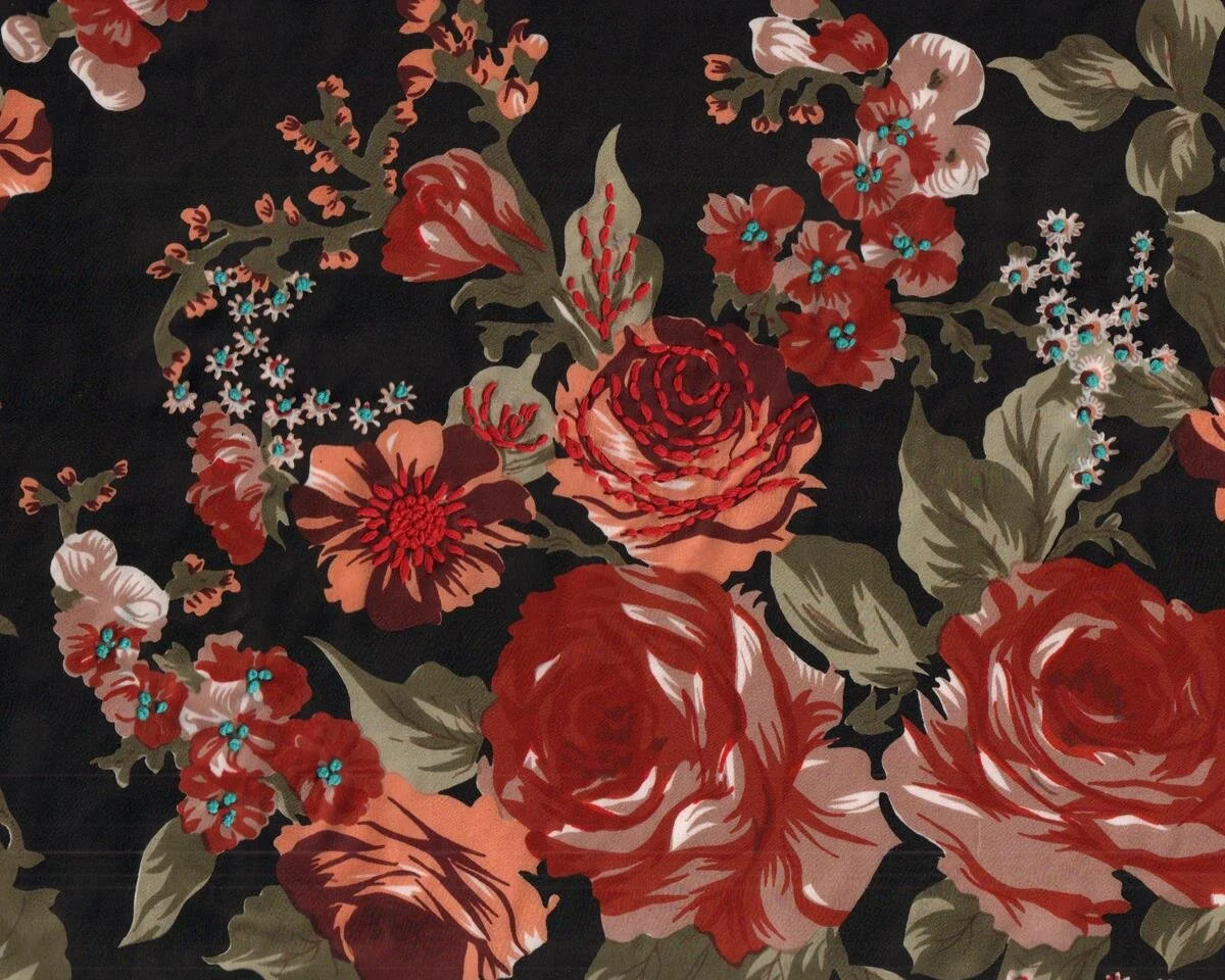 Seidensatin LORNA, bestickte Rosen, Toptex