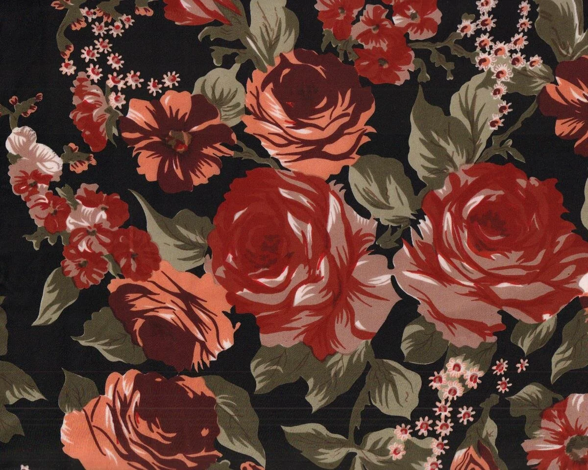 Seidensatin ORNELLA, Rosen, schwarz-weinrot