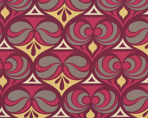 Serie "Ginseng" mit abstrakten Blätterformen, dunkles pink-aubergine