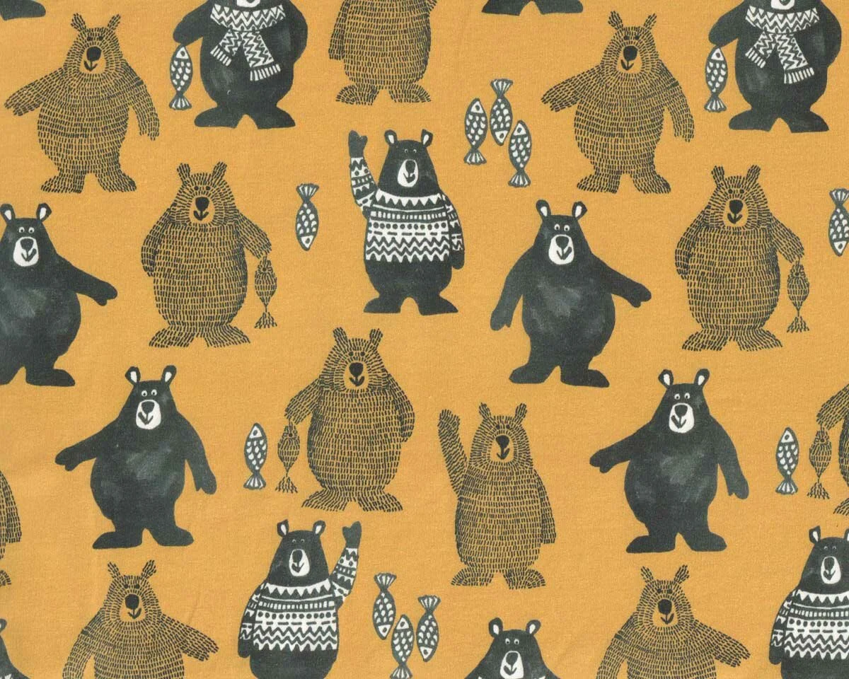 Sweatstoff FOLK BEAR, Bären, senfgelb, Hilco