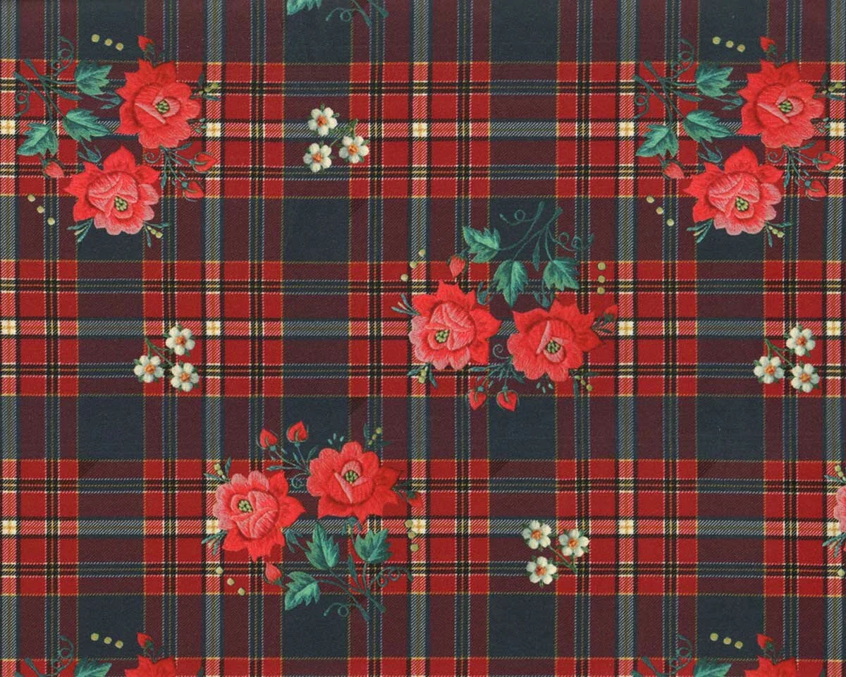 Sweatstoff JETTE SCOT, Blumen auf Glencheckkaro, rot